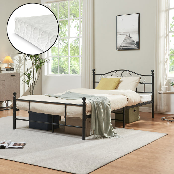 Letto Piazza e Mezza Florenz in Acciaio con Testiera Decorativa e Materasso 120 x 200 cm Nero [en.casa]