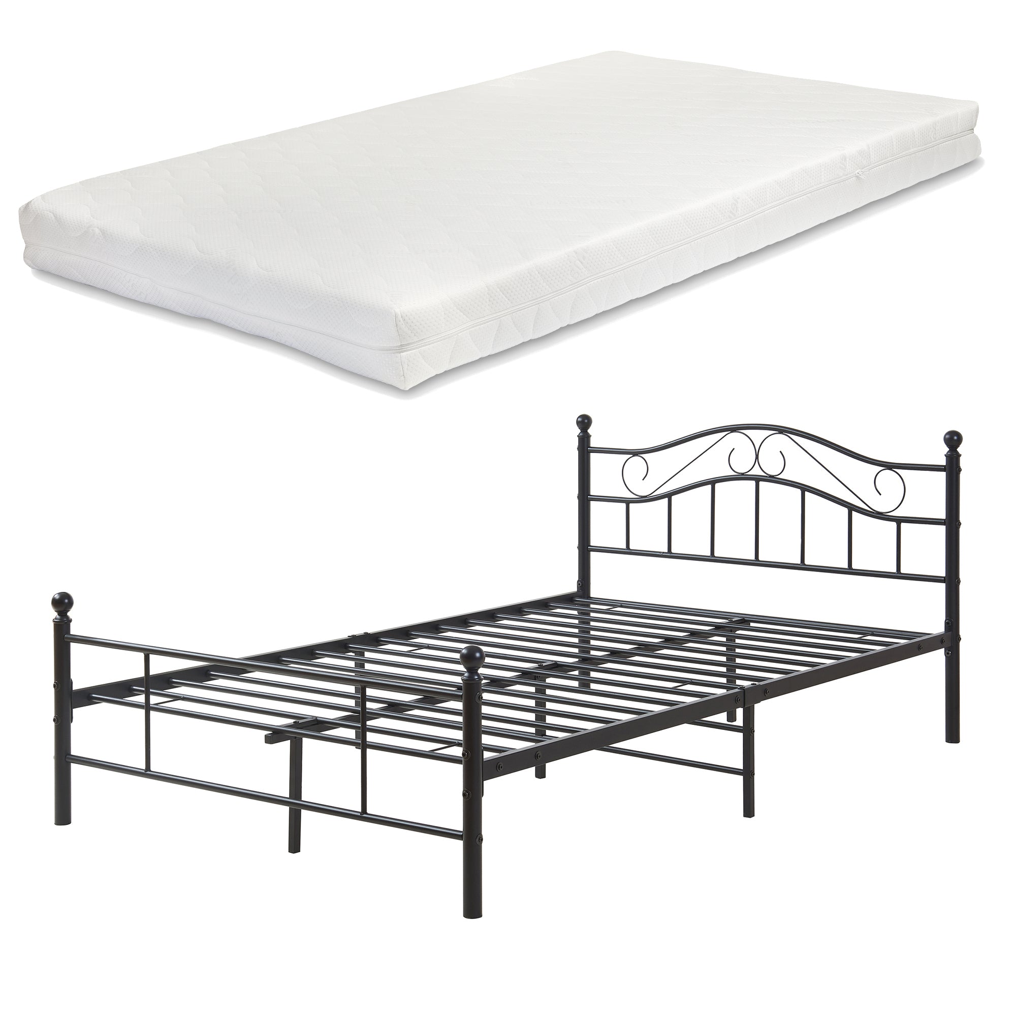 Letto Piazza e Mezza Florenz in Acciaio con Testiera Decorativa e Materasso 120 x 200 cm Nero [en.casa]