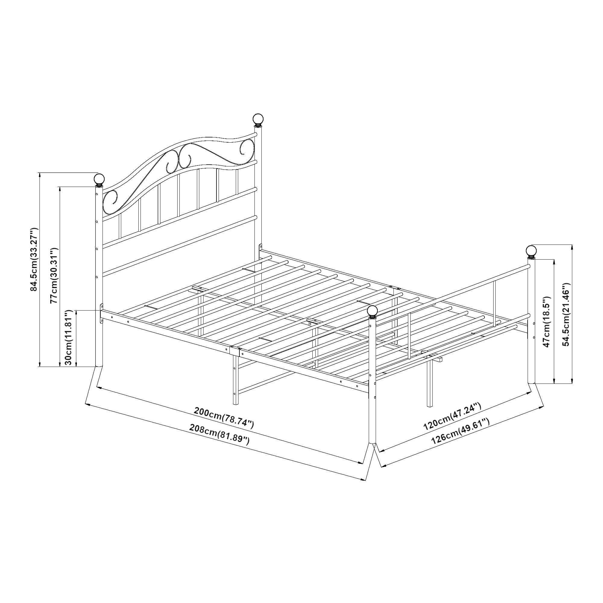 Letto Piazza e Mezza Florenz in Acciaio con Testiera Alta Decorativa 120 x 200 cm Nero [en.casa]