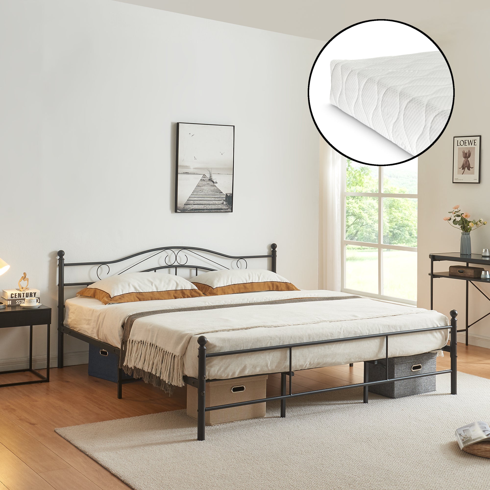 Letto Doppio Florenz in Acciaio con Testiera Decorativa e Materasso 180 x 200 cm Nero [en.casa]