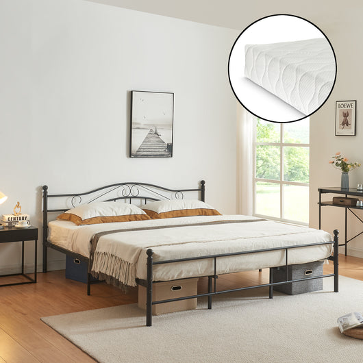 Letto Doppio Florenz in Acciaio con Testiera Decorativa e Materasso 180 x 200 cm Nero [en.casa]