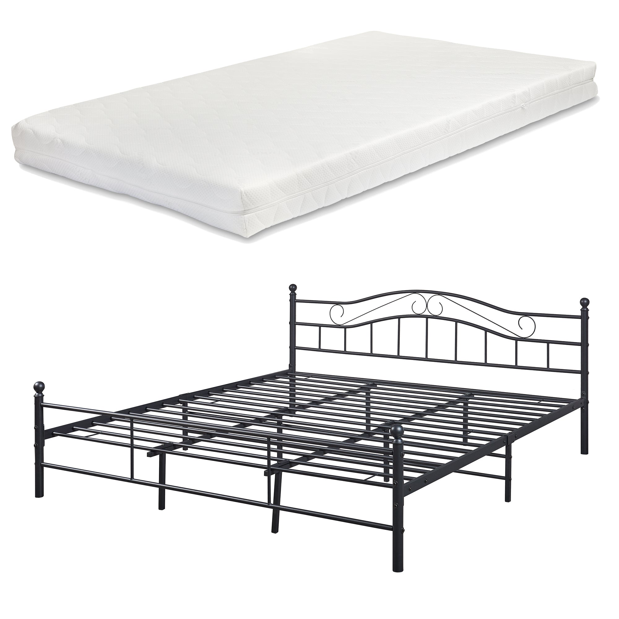 Letto Doppio Florenz in Acciaio con Testiera Decorativa e Materasso 180 x 200 cm Nero [en.casa]