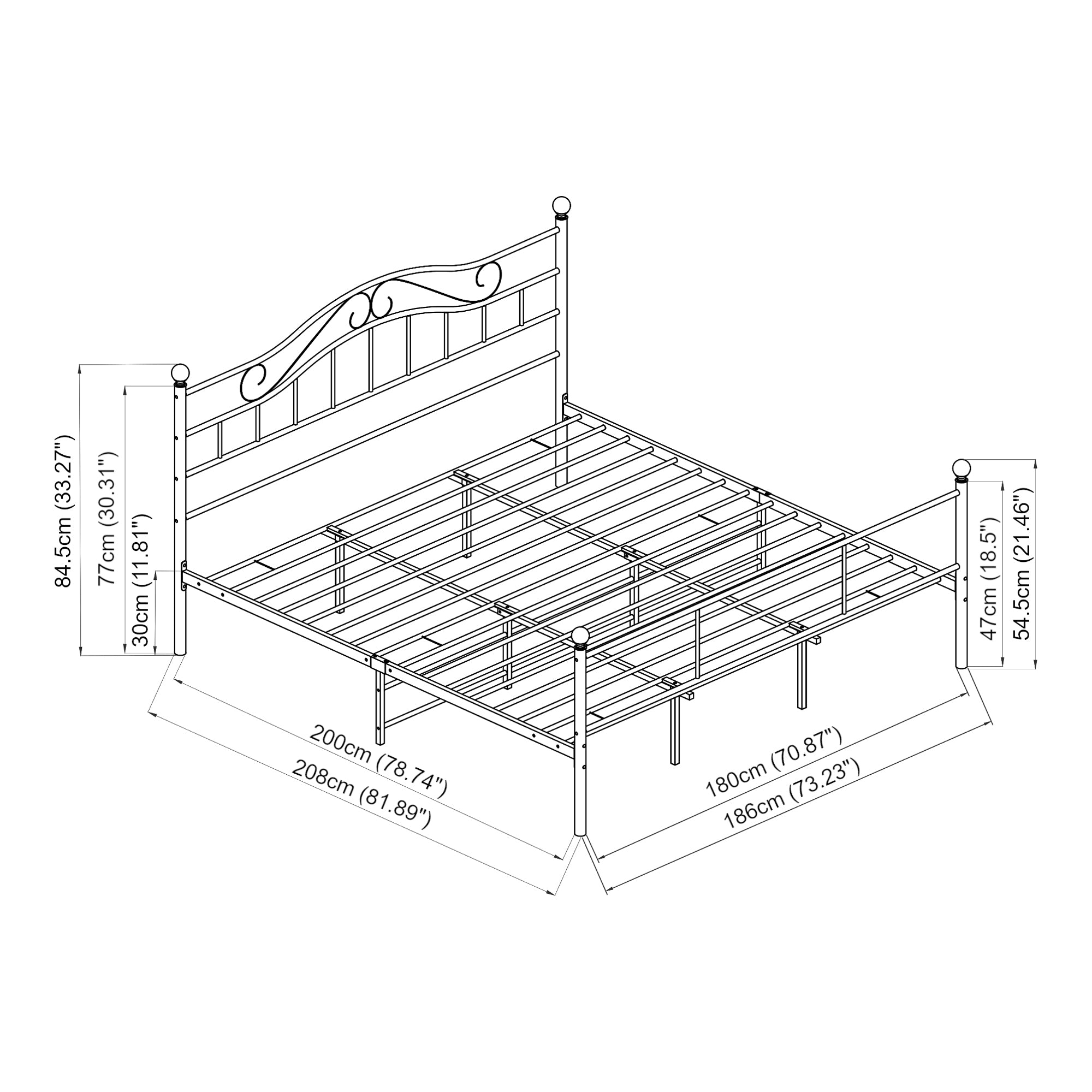 Letto Doppio Florenz in Acciaio con Testiera Decorativa e Materasso 180 x 200 cm Nero [en.casa]