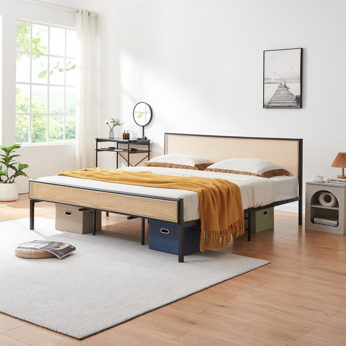 Letto Matrimoniale Linköping in Metallo Nero con Testiera e Pediera Effetto Rattan 180x200 cm [en.casa]