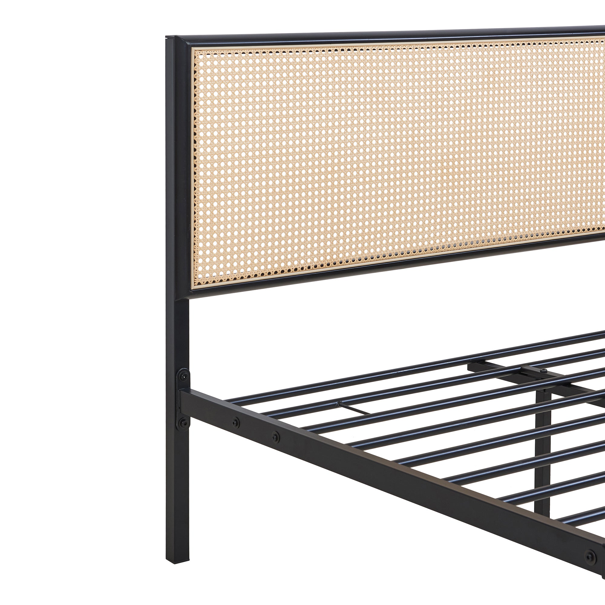 Letto Matrimoniale Linköping in Metallo Nero con Testiera e Pediera Effetto Rattan 180x200 cm [en.casa]
