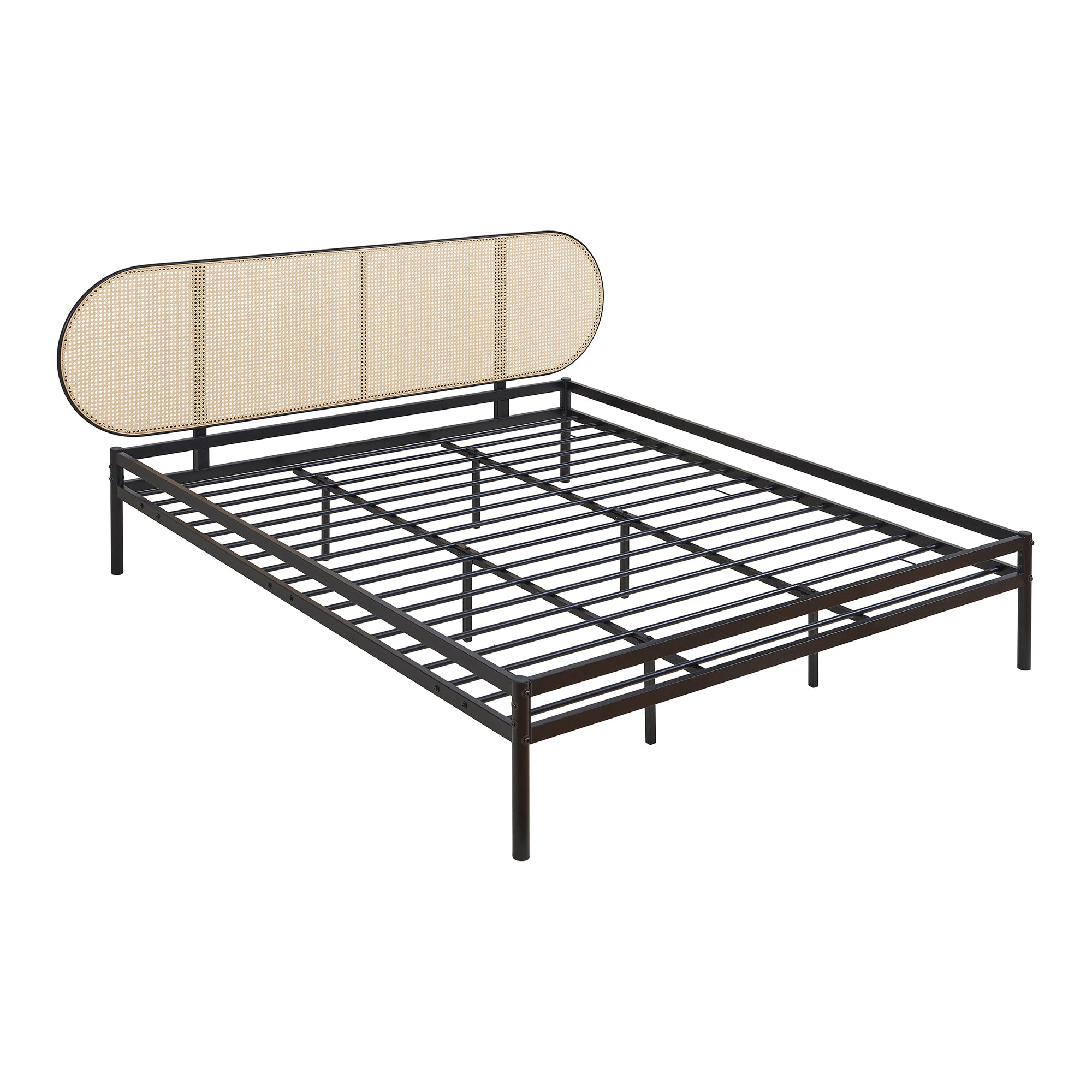 Letto Matrimoniale Linköping 180x200 cm Giroletto in Metallo Nero con Testiera Ovale Effetto Rattan [en.casa]