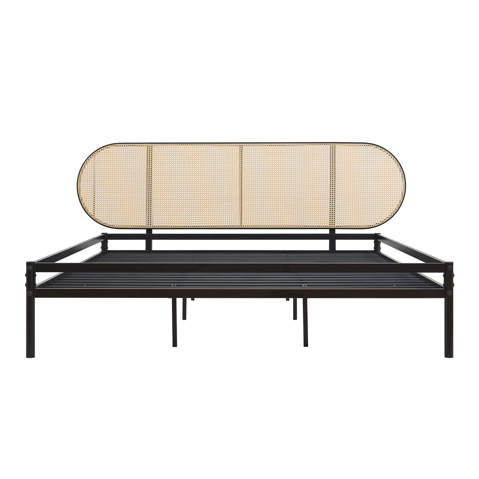 Letto Matrimoniale Linköping 180x200 cm Giroletto in Metallo Nero con Testiera Ovale Effetto Rattan [en.casa]