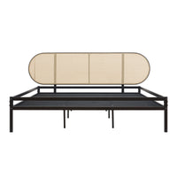 Letto Matrimoniale Linköping 180x200 cm Giroletto in Metallo Nero con Testiera Ovale Effetto Rattan [en.casa]