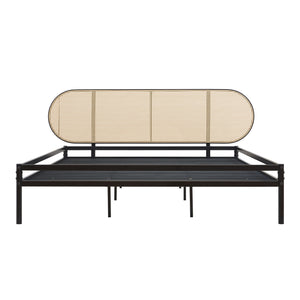 Letto Matrimoniale Linköping 180x200 cm Giroletto in Metallo Nero con Testiera Ovale Effetto Rattan [en.casa]
