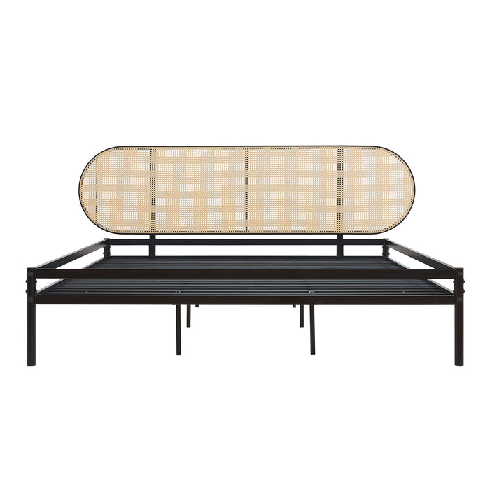 Letto Matrimoniale Linköping 180x200 cm Giroletto in Metallo Nero con Testiera Ovale Effetto Rattan [en.casa]