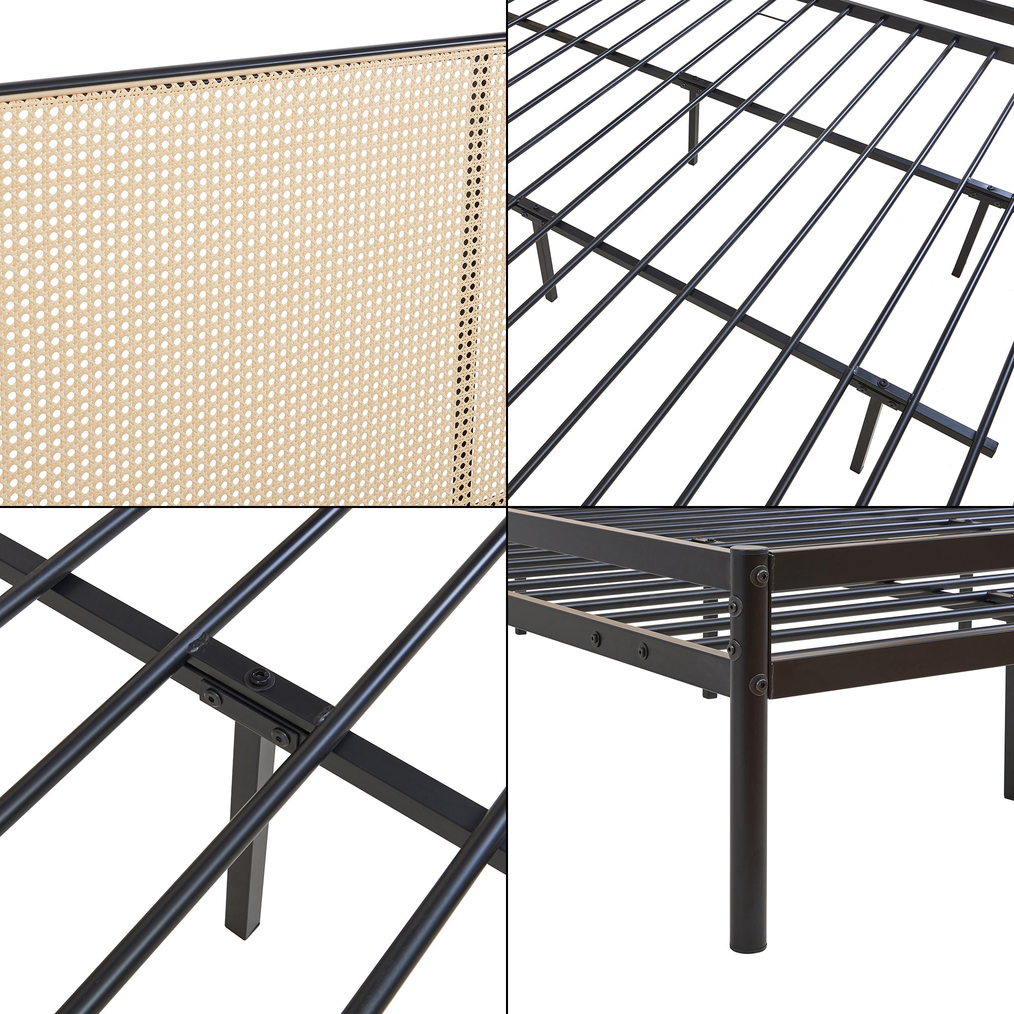 Letto Matrimoniale Linköping 180x200 cm Giroletto in Metallo Nero con Testiera Ovale Effetto Rattan [en.casa]