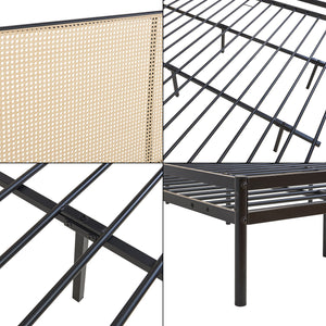 Letto Matrimoniale Linköping 180x200 cm Giroletto in Metallo Nero con Testiera Ovale Effetto Rattan [en.casa]