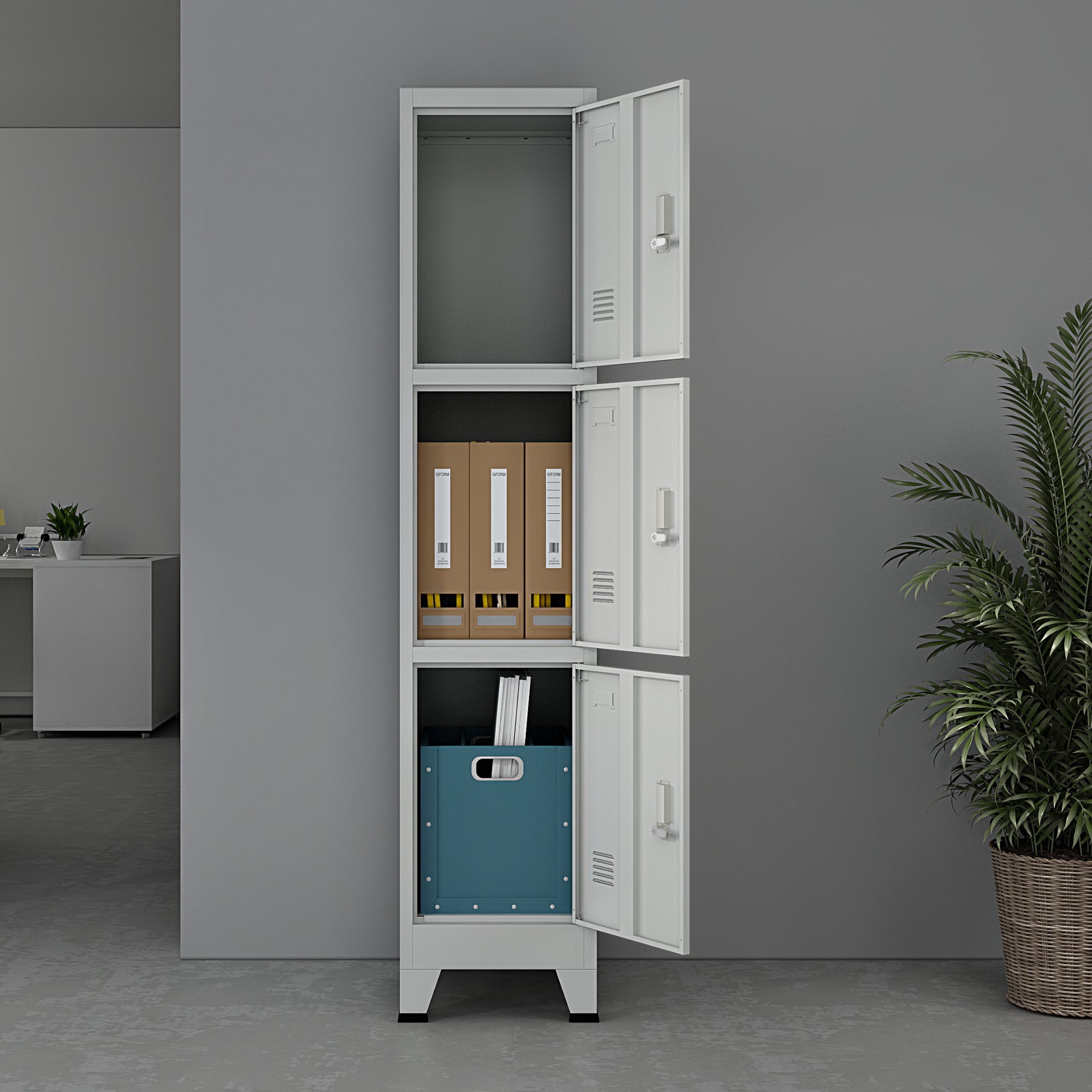 Armadio Spogliatoio Joroinen Mobile a Colonna in Acciaio con 3 Ante - Grigio [en.casa]