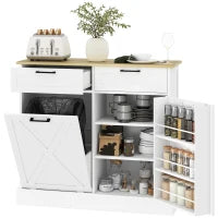 Buffet da cucina con mobile poubelle 38L, mobile cucina archiviazione, 2 cassetti, mensola per spezie e piano di lavoro, bianco