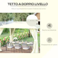 Gazebo da Giardino 4x3m con Doppio Tettuccio, Pareti in Poliestere e Struttura in Acciaio, Beige