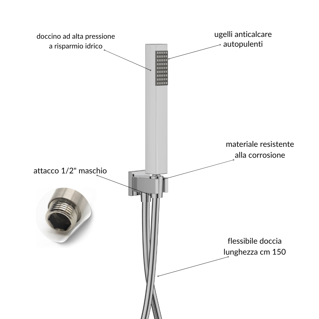 Kit doccia quadro 20x20 cm completo soffione braccio presa acqua doccetta laccio *** tipo di accessorio soffione 2 mm...