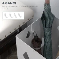 Portaombrelli in Metallo con 4 Ganci e Vaschetta Raccogligocce, 15.5x15.5x41cm, Bianco