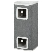 Torre per Gatti con 3 Casette, 3 Palline e Posatoio, in Legno, Tessuto e Peluche, 41x41x100 cm, Grigio e Bianco