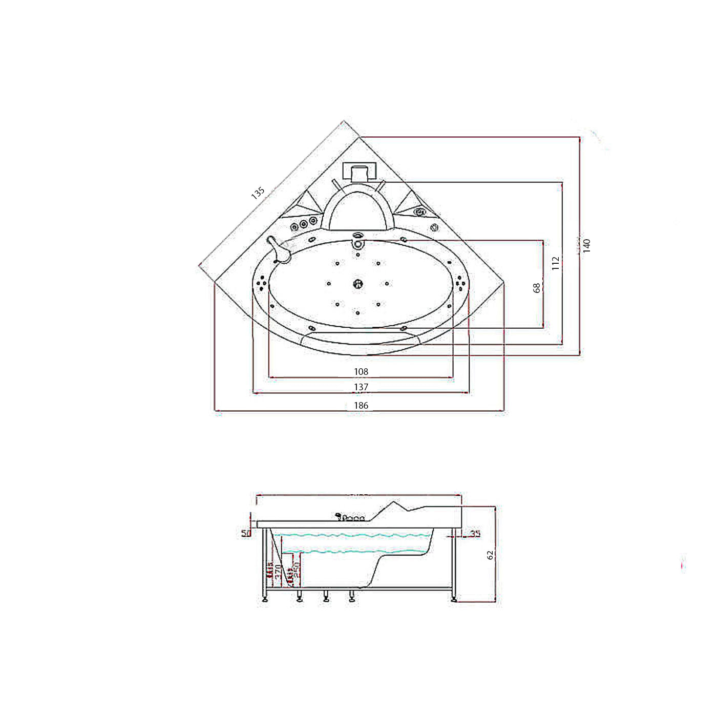Vasca idromassaggio bianca cromoterapia 135 X 135 cm 12 getti – Miami