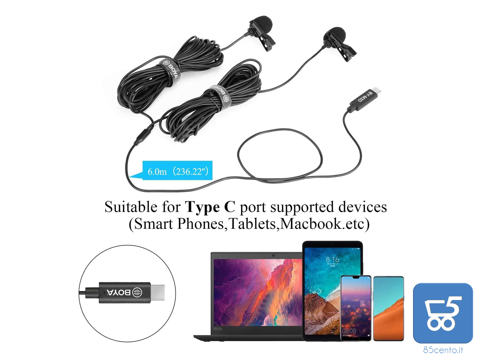 Microfoni Lavalier BOYA BY-M3D Digitali a Doppia Testa USB tipo C compatibili con iPad Pro, Mac PC