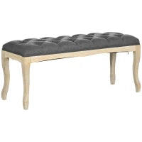 Panca Imbottita in Stile Classico, 110 cm, con Base in Legno di Caucciù Intagliato, Rivestimento in Lino, Grigio