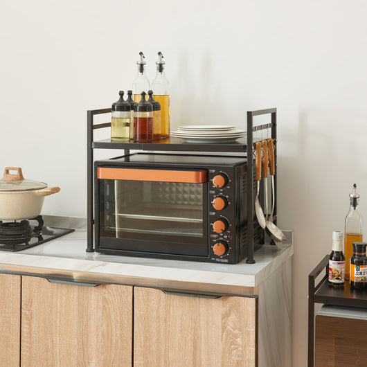 Scaffale per Microonde Sorsele Alto 48 cm Regolabile in Larghezza 40-63 cm Metallo Nero [en.casa]