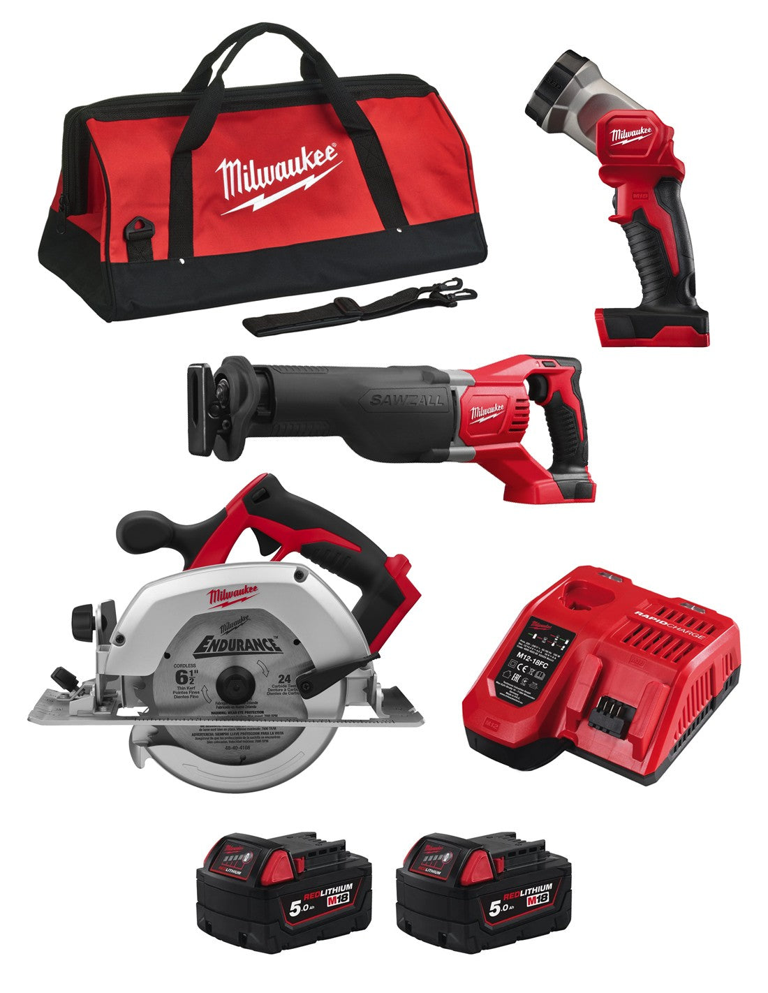 Milwaukee  kit mwk303bag (hd18cs + m18bsx + m18tled + 2 x 5,0 ah + m12-18fc + borsa) 8435587930211
