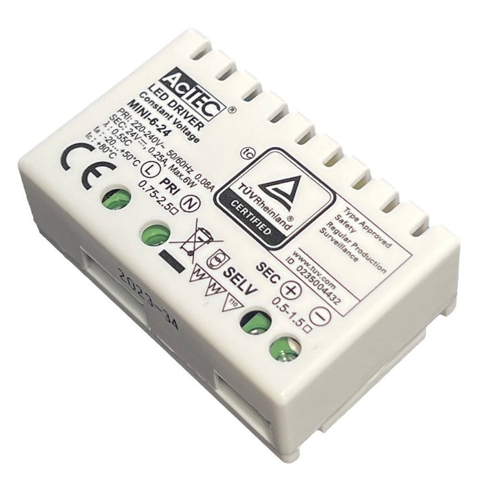 Mini Alimentatore Trasformatore 6W 24V 0,25A IP20 50X32X18,5mm Con Morsetti