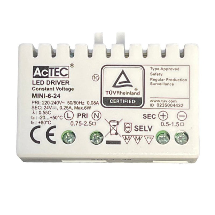 Mini Alimentatore Trasformatore 6W 24V 0,25A IP20 50X32X18,5mm Con Morsetti