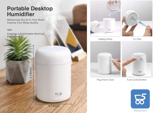 Mini Umidificatore da Scrivania per Auto Ufficio Camera da Letto Spegnimento Automatico 2 Modalità Nebulizzazione Silenzioso Bianco USB