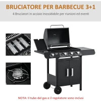 Barbecue a Gas con Coperchio, 4 Bruciatori da 11.6kW, Fornello, Mensola e 2 Ruote, 110x50x100cm Nero