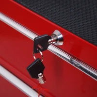 Carrello Porta Utensili con 5 Cassetti, Serratura, 2 Chiavi e Manubrio Parete Smontabile 2 Ruote con Freno in Lamiera d'Acciaio EVA Rosso 67,5x33x77cm