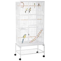 Gabbia per Uccelli in Acciaio e PP con Posatoi, Giochi, Contenitori per Cibo e Vassoio, 83x53x180 cm, Bianco