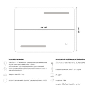 Specchio 5 mm rettangolare decorazione led interruttore touch alluminio *** misure 100x80 cm, tonalità dimmerabile 2...