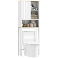 Mobile Sopra WC con Porta a Doghe, Scomparti e Ripiano Regolabile, 65x25x170 cm, Bianco