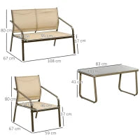 Set da Giardino 4 Pezzi con 2 Sedie, 1 Divanetto e 1 Tavolino da Caffè, Kaki
