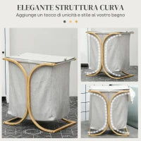 Portabiancheria a 2 Cesti con Coperchio in Bambù e Poliestere, 55x40x62 cm, Grigio e color Legno