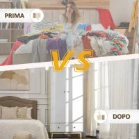 Armadio 2 Ante in Legno con 4 Vani, 2 Cassetti e Appendiabiti, Color Legno e Bianco, 90x50x190cm