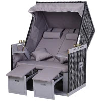 Sdraio da Spiaggia Reclinabile a 2 Posti con Tettuccio Parasole e Cassetti, Grigio