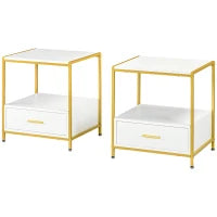 Set di 2 Comodini Moderni con Cassetto e Ripiano Aperto, 50x40x55cm, Bianco e Oro