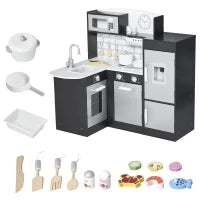 Cucina Giocattolo per Bambini in Legno con 14 Accessori, Forno, Lavandino, Frigo e Microonde, Età 3+ Anni, 86x64x84.5cm, Argento e Marrone