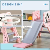 Scivolo per Bambini 18-36 Mesi con Canestro da Basket Laterale, in Plastica, 133x60x70 cm, Rosa e Grigio