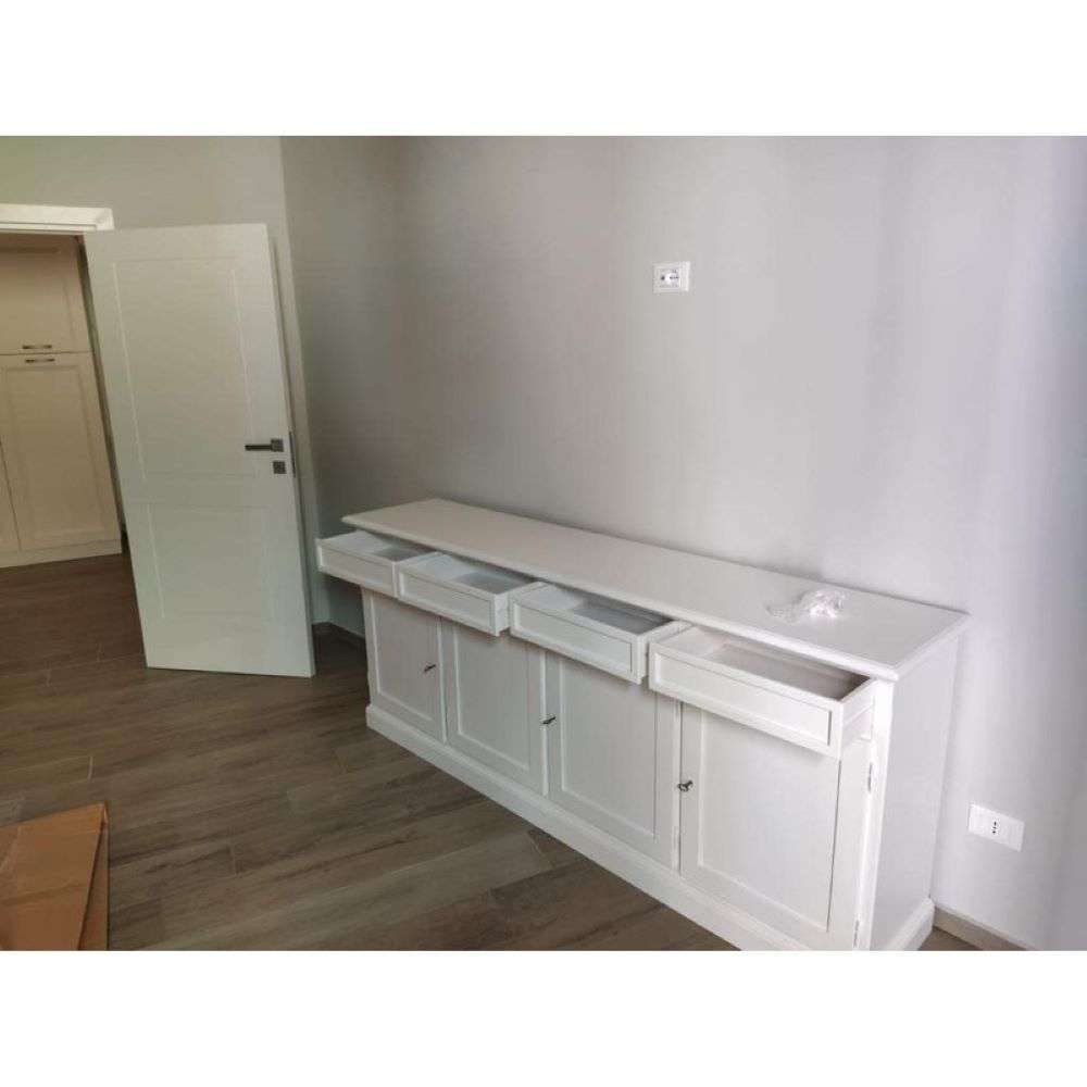 Credenza 4 ante 4 cassetti arte povera in legno massello e mdf con rifinitura in bianco 205x42x85 H