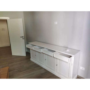 Credenza 4 ante 4 cassetti arte povera in legno massello e mdf con rifinitura in bianco 205x42x85 H