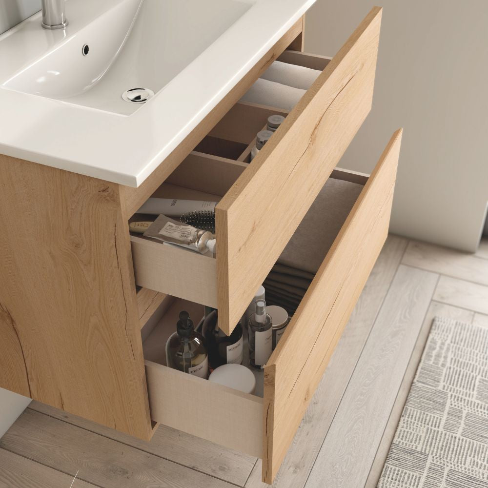 Mobile bagno sospeso Londres con due cassetti 70x45x59 cm colore rovere
