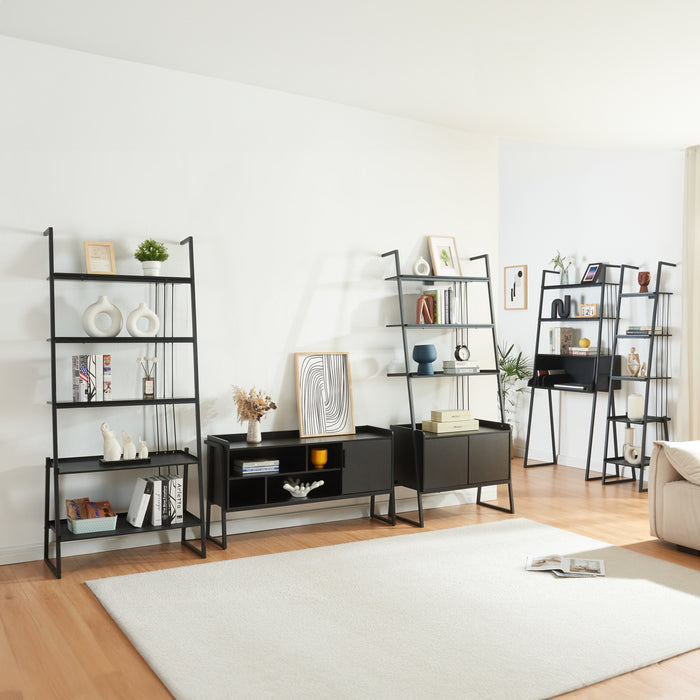 Set Storfjord Composto di Scrivania con Ripiani in Alto Mobile TV e 3 Scaffali a Scala - Nero [en.casa]