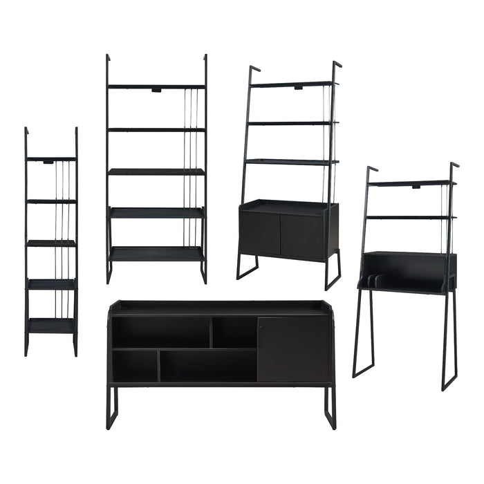 Set Storfjord Composto di Scrivania con Ripiani in Alto Mobile TV e 3 Scaffali a Scala - Nero [en.casa]