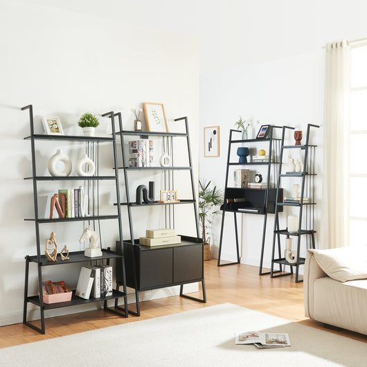 Set Storfjord Composto di Scrivania con Ripiani in Alto e 3 Scaffali a Scala - Nero [en.casa]