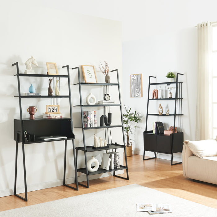 Set Storfjord Composto di Scrivania con Ripiani in Alto Scaffale a 5 Ripiani e Scaffale con Armadietto - Nero [en.casa]