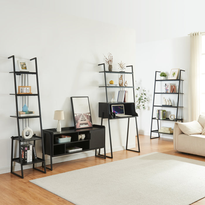 Set Storfjord Composto di Scrivania con Ripiani in Alto Mobile TV e 2 Scaffali a Scala - Nero [en.casa]